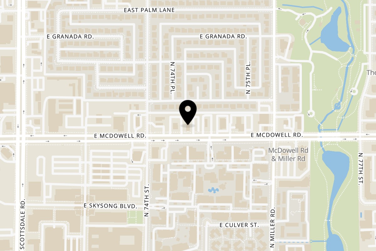 Map showing the location of Pho Cao Restaurant and Bar on 7436 E McDowell Rd in Scottsdale